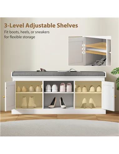 HOMCOM Boho Shoe Storage Bench with Padded Cushion and Rattan Doors - White