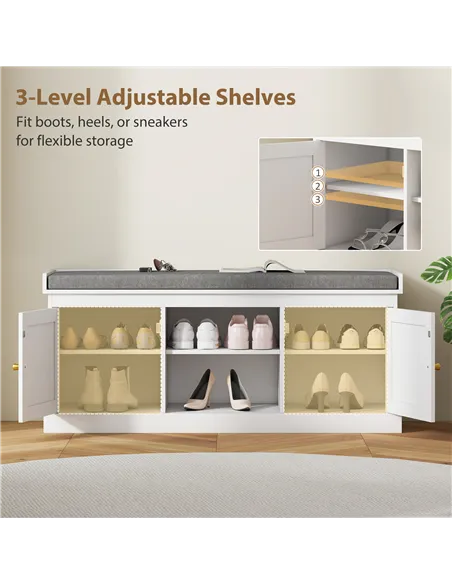 HOMCOM Boho Shoe Storage Bench with Padded Cushion and Rattan Doors - White