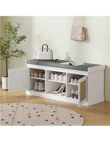 HOMCOM Boho Shoe Storage Bench with Padded Cushion and Rattan Doors - White