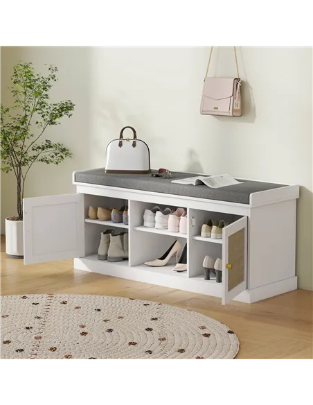 HOMCOM Boho Shoe Storage Bench with Padded Cushion and Rattan Doors - White