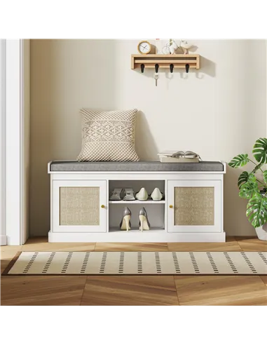 HOMCOM Boho Shoe Storage Bench with Padded Cushion and Rattan Doors - White