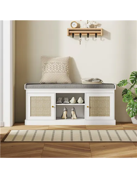 HOMCOM Boho Shoe Storage Bench with Padded Cushion and Rattan Doors - White