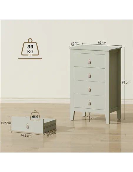 HOMCOM Bedroom Chest of Drawers, Modern 4 Drawer Dresser Cabinet with PU Leather Handles and Metal Runners for Living Room, Hall