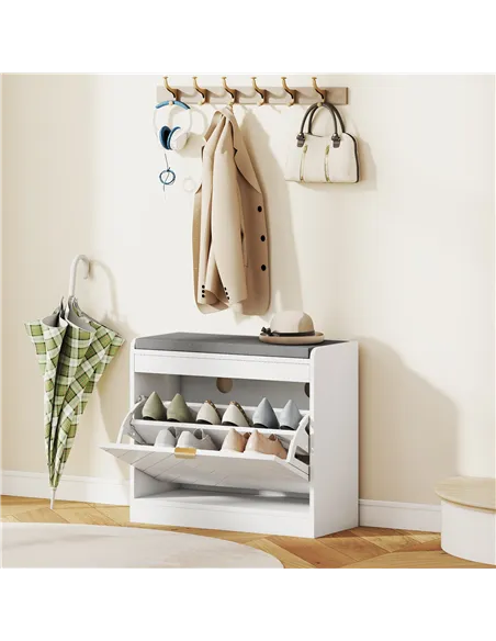 HOMCOM Shoe Storage with Seat, Upholstered Entryway Bench, Shoe Bench with 1 Flip Drawer and 4 Vents for 5 Pairs of Shoes