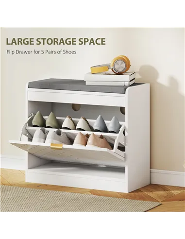 HOMCOM Shoe Storage with Seat, Upholstered Entryway Bench, Shoe Bench with 1 Flip Drawer and 4 Vents for 5 Pairs of Shoes