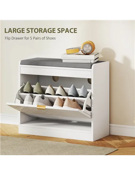HOMCOM Shoe Storage with Seat, Upholstered Entryway Bench, Shoe Bench with 1 Flip Drawer and 4 Vents for 5 Pairs of Shoes