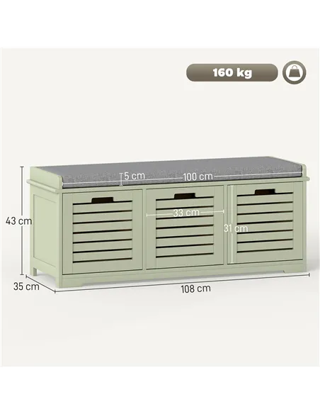 HOMCOM 3-Drawer Shoe Storage Bench - Green