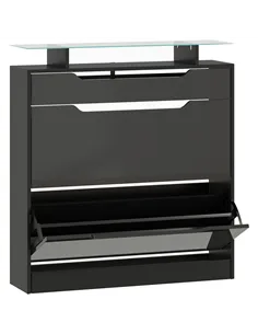 HOMCOM Shoe Storage Cabinet with Slide Out Drawer, 2 Flip Doors, Tempered Glass Top - Black