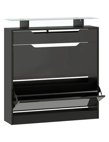 HOMCOM Shoe Storage Cabinet with Slide Out Drawer, 2 Flip Doors, Tempered Glass Top - Black