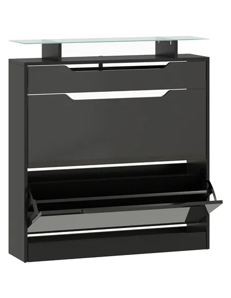 HOMCOM Shoe Storage Cabinet with Slide Out Drawer, 2 Flip Doors, Tempered Glass Top - Black