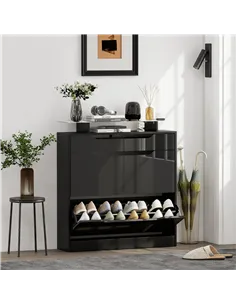 HOMCOM Shoe Storage Cabinet with Slide Out Drawer, 2 Flip Doors, Tempered Glass Top - Black 2