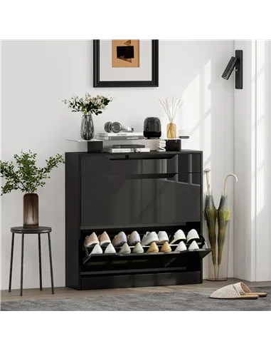 HOMCOM Shoe Storage Cabinet with Slide Out Drawer, 2 Flip Doors, Tempered Glass Top - Black