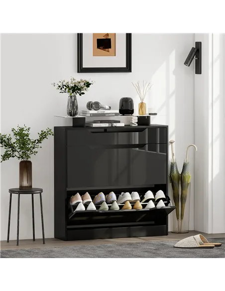HOMCOM Shoe Storage Cabinet with Slide Out Drawer, 2 Flip Doors, Tempered Glass Top - Black