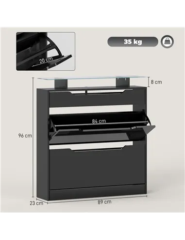 HOMCOM Shoe Storage Cabinet with Slide Out Drawer, 2 Flip Doors, Tempered Glass Top - Black