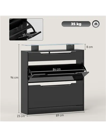 HOMCOM Shoe Storage Cabinet with Slide Out Drawer, 2 Flip Doors, Tempered Glass Top - Black