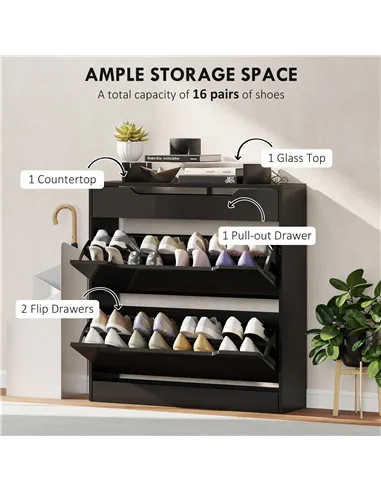 HOMCOM Shoe Storage Cabinet with Slide Out Drawer, 2 Flip Doors, Tempered Glass Top - Black