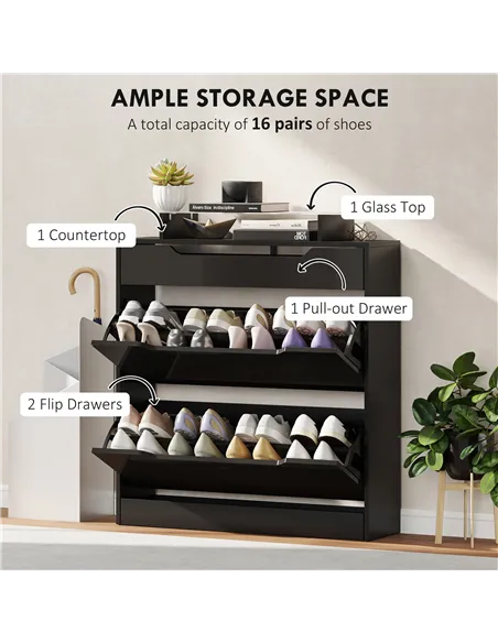 HOMCOM Shoe Storage Cabinet with Slide Out Drawer, 2 Flip Doors, Tempered Glass Top - Black