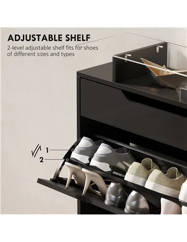 HOMCOM Shoe Storage Cabinet with Slide Out Drawer, 2 Flip Doors, Tempered Glass Top - Black