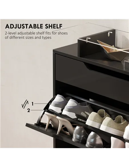 HOMCOM Shoe Storage Cabinet with Slide Out Drawer, 2 Flip Doors, Tempered Glass Top - Black