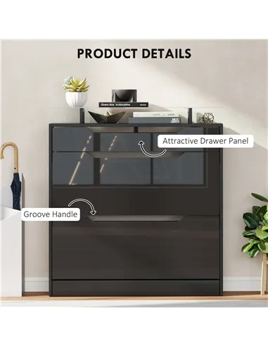 HOMCOM Shoe Storage Cabinet with Slide Out Drawer, 2 Flip Doors, Tempered Glass Top - Black