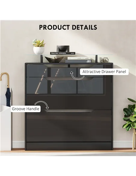 HOMCOM Shoe Storage Cabinet with Slide Out Drawer, 2 Flip Doors, Tempered Glass Top - Black