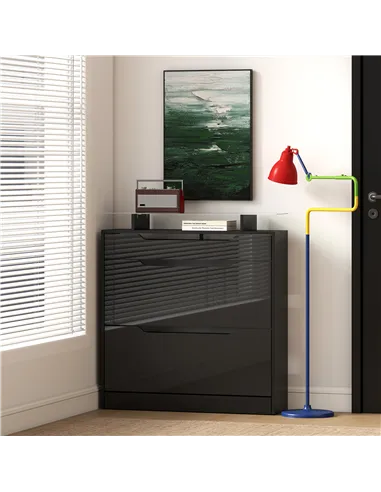 HOMCOM Shoe Storage Cabinet with Slide Out Drawer, 2 Flip Doors, Tempered Glass Top - Black