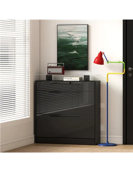 HOMCOM Shoe Storage Cabinet with Slide Out Drawer, 2 Flip Doors, Tempered Glass Top - Black