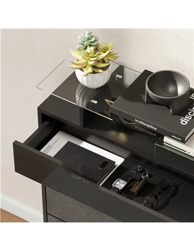 HOMCOM Shoe Storage Cabinet with Slide Out Drawer, 2 Flip Doors, Tempered Glass Top - Black