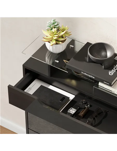 HOMCOM Shoe Storage Cabinet with Slide Out Drawer, 2 Flip Doors, Tempered Glass Top - Black