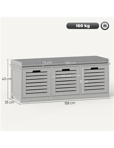 HOMCOM 3-Drawer Shoe Storage Bench - Grey