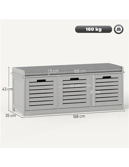 HOMCOM 3-Drawer Shoe Storage Bench - Grey