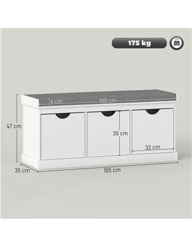 HOMCOM 3-Drawer Padded Shoe Bench with Breathable & Washable Linen-look Cover, White
