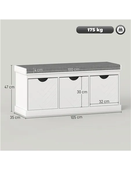 HOMCOM 3-Drawer Padded Shoe Bench with Breathable & Washable Linen-look Cover, White