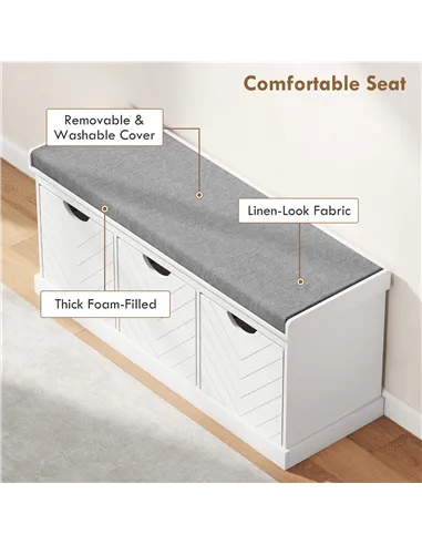 HOMCOM 3-Drawer Padded Shoe Bench with Breathable & Washable Linen-look Cover, White