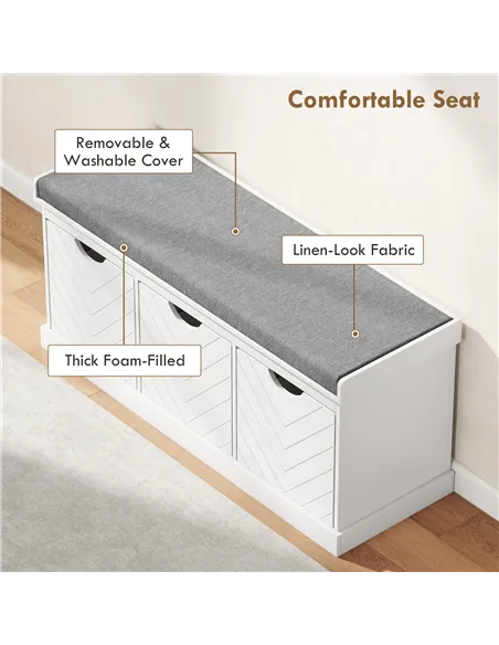 HOMCOM 3-Drawer Padded Shoe Bench with Breathable & Washable Linen-look Cover, White