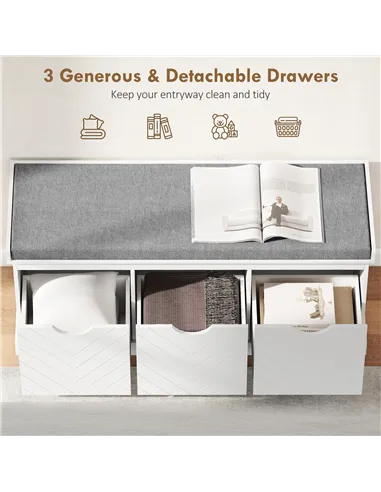 HOMCOM 3-Drawer Padded Shoe Bench with Breathable & Washable Linen-look Cover, White