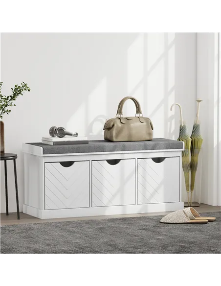 HOMCOM 3-Drawer Padded Shoe Bench with Breathable & Washable Linen-look Cover, White