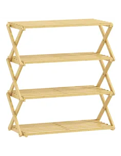 HOMCOM Four-Tier Folding Bamboo Shoe Rack - Natural Finish