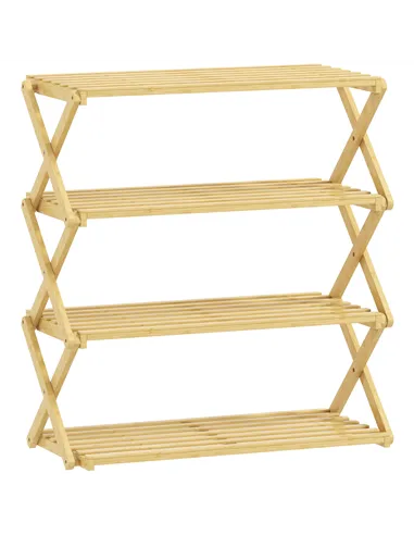 HOMCOM Four-Tier Folding Bamboo Shoe Rack - Natural Finish
