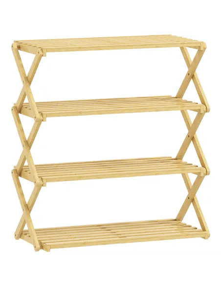 HOMCOM Four-Tier Folding Bamboo Shoe Rack - Natural Finish