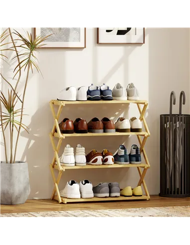 HOMCOM Four-Tier Folding Bamboo Shoe Rack - Natural Finish