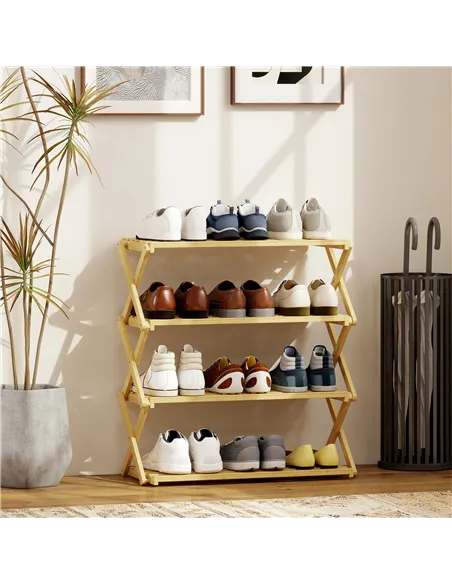 HOMCOM Four-Tier Folding Bamboo Shoe Rack - Natural Finish