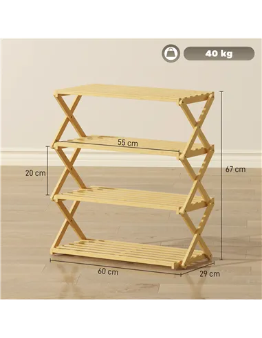HOMCOM Four-Tier Folding Bamboo Shoe Rack - Natural Finish