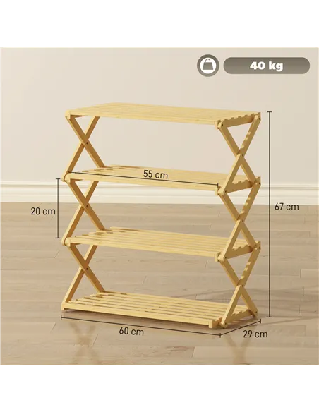 HOMCOM Four-Tier Folding Bamboo Shoe Rack - Natural Finish