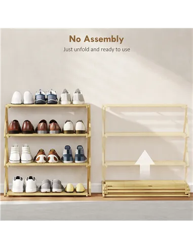HOMCOM Four-Tier Folding Bamboo Shoe Rack - Natural Finish
