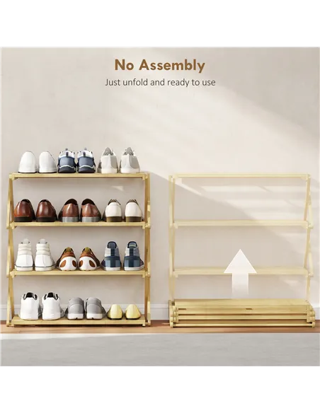 HOMCOM Four-Tier Folding Bamboo Shoe Rack - Natural Finish