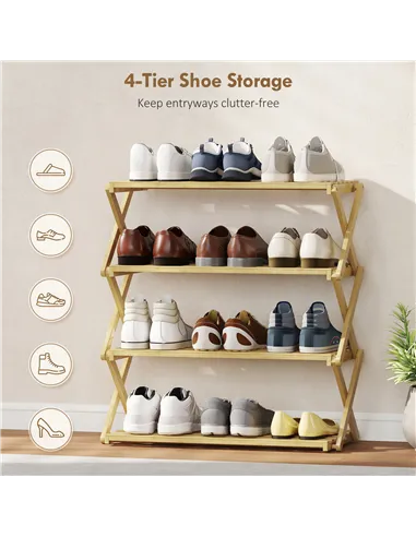HOMCOM Four-Tier Folding Bamboo Shoe Rack - Natural Finish