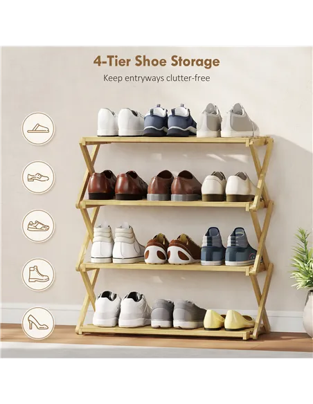 HOMCOM Four-Tier Folding Bamboo Shoe Rack - Natural Finish
