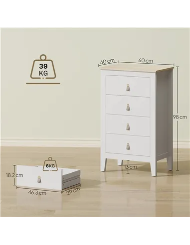 HOMCOM Bedroom Chest of Drawers, Modern 4 Drawer Dresser Cabinet with PU Leather Handles and Metal Runners for Living Room, Hall