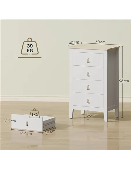 HOMCOM Bedroom Chest of Drawers, Modern 4 Drawer Dresser Cabinet with PU Leather Handles and Metal Runners for Living Room, Hall